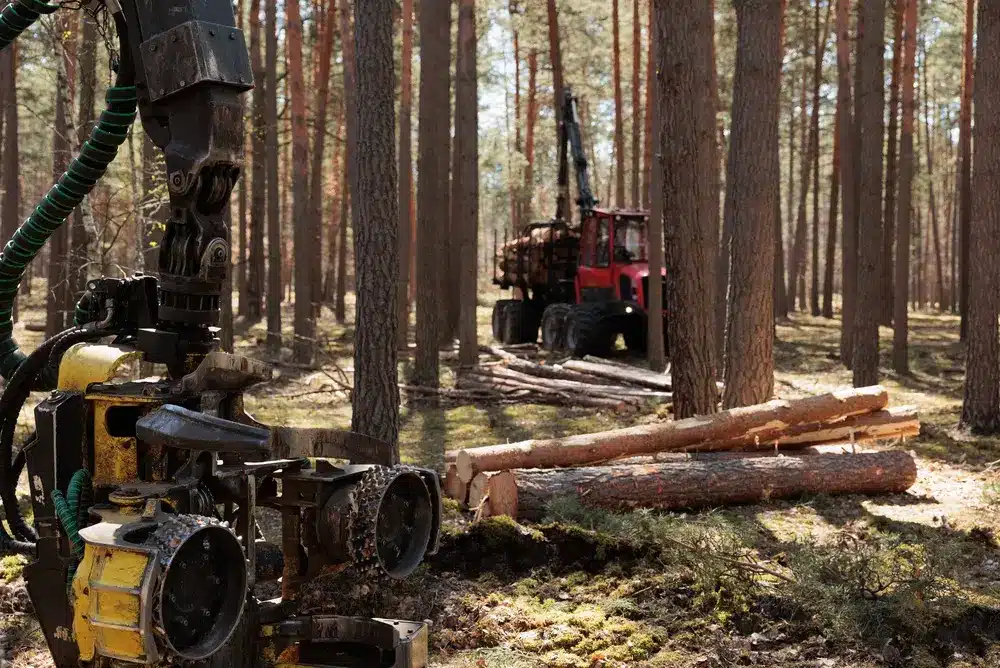 Forest harvester felling head Heavy forestry vehicle employed in cut-to-length logging operations for felling, delimbing and bucking trees.